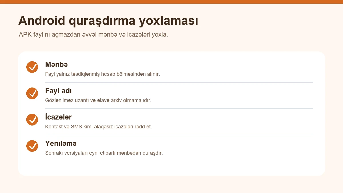 Android APK quraşdırmasından əvvəl mənbə, fayl və icazə yoxlaması