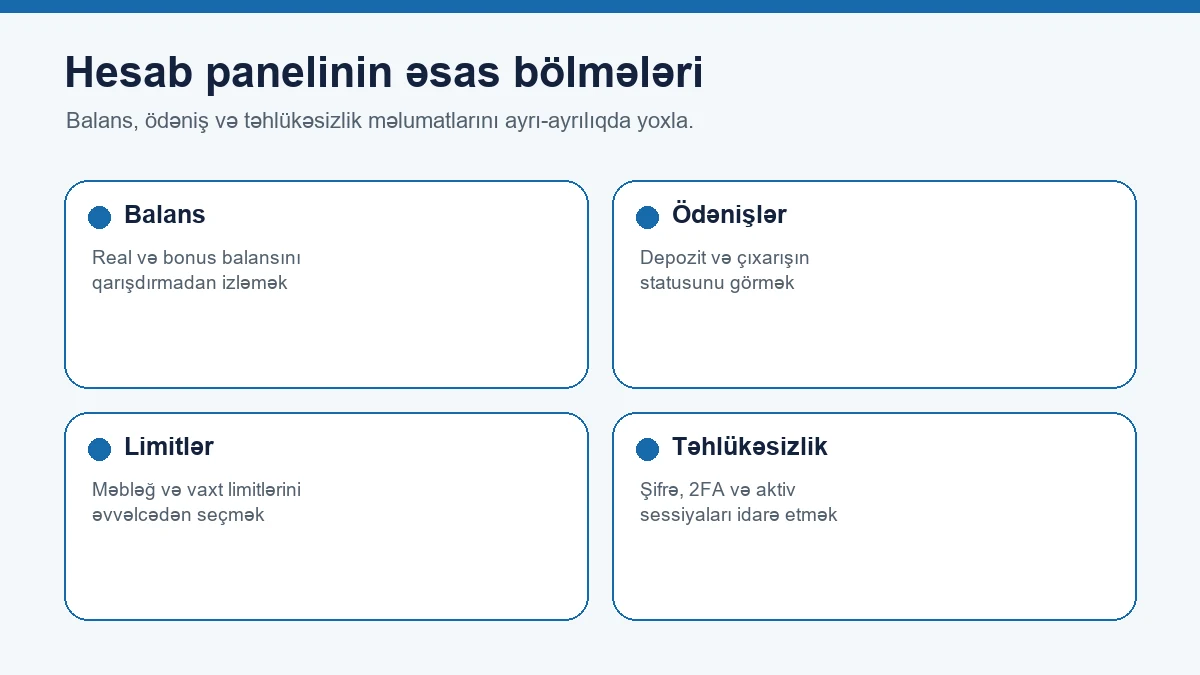 Hesab panelində balans, ödəniş, limit və təhlükəsizlik bölmələri