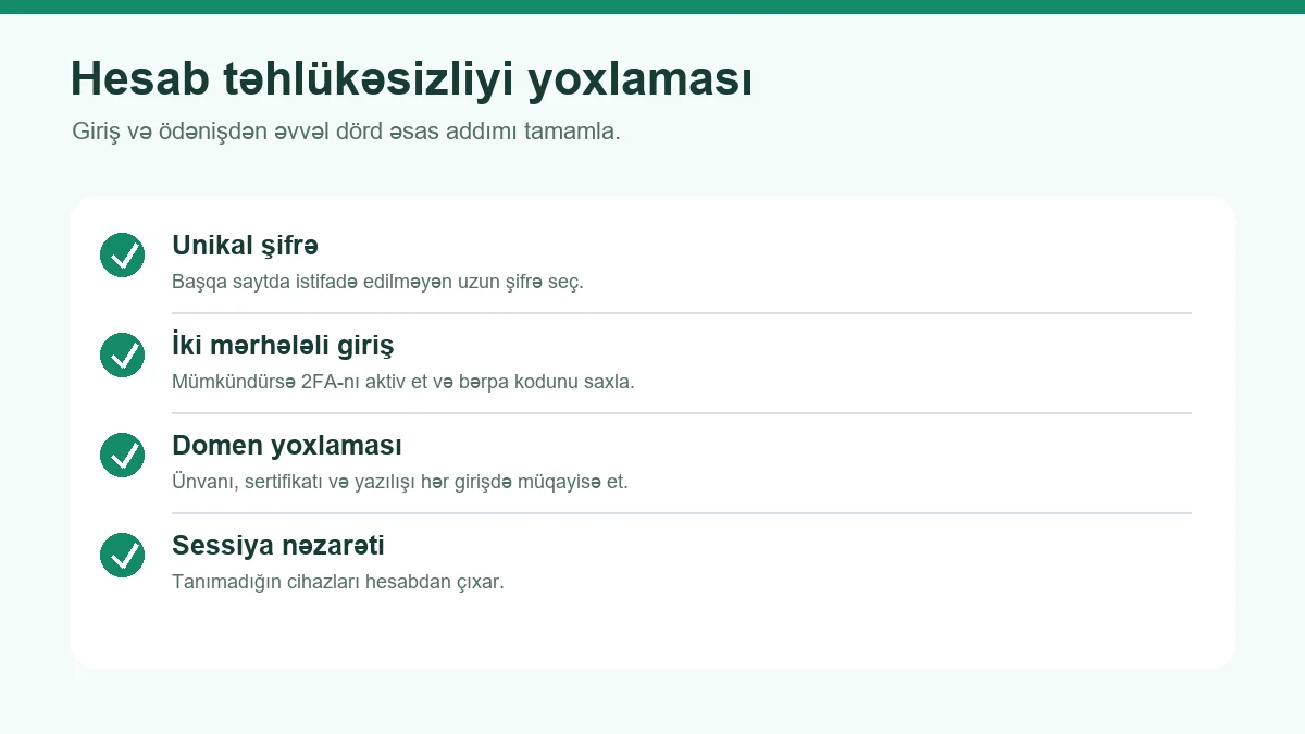 Hesab təhlükəsizliyi üçün şifrə, 2FA, domen və sessiya yoxlaması