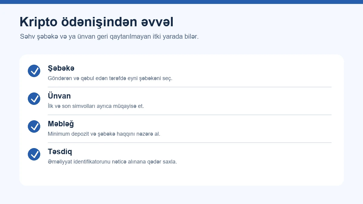 Kripto ödənişində şəbəkə, ünvan, məbləğ və təsdiq yoxlaması