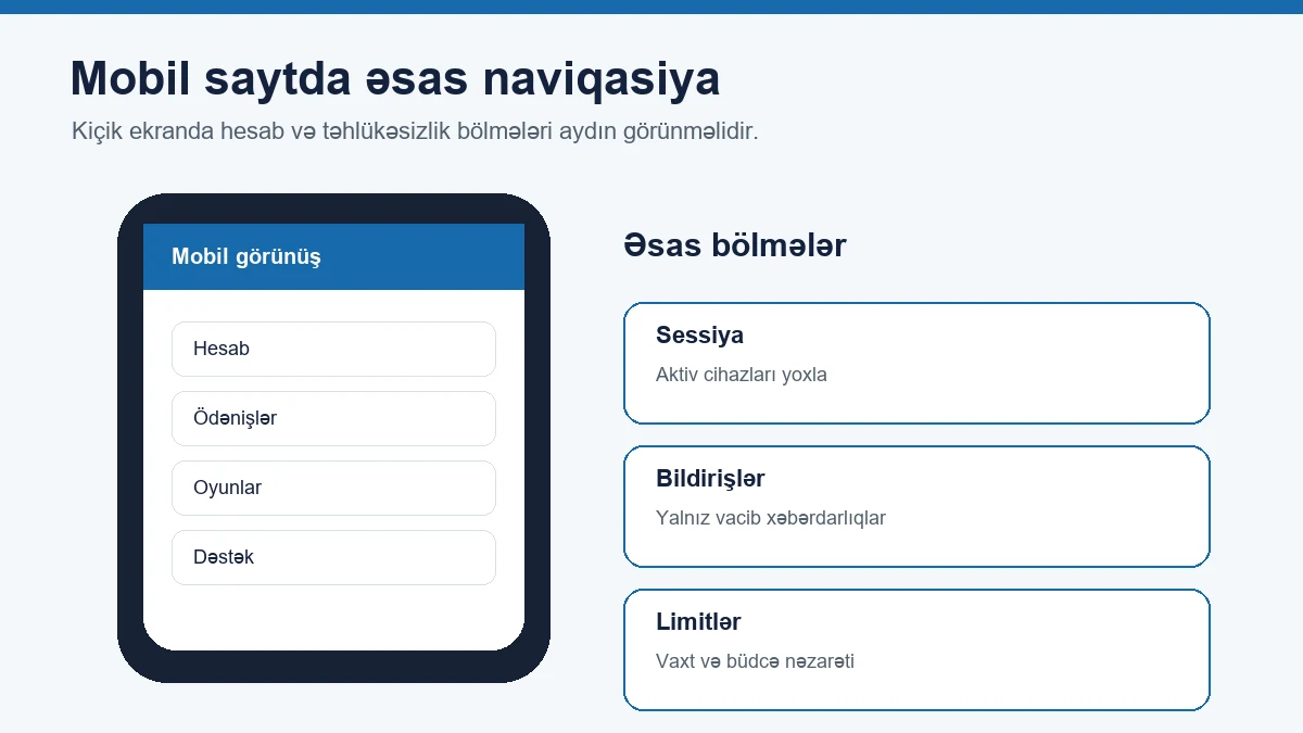Mobil saytda hesab, ödəniş, oyun və dəstək naviqasiyası